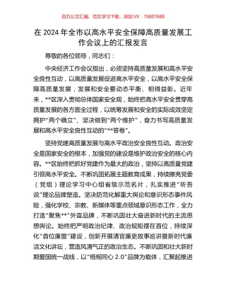 在2024年全市以高水平安全保障高质量发展工作会议上的汇报发言.docx
