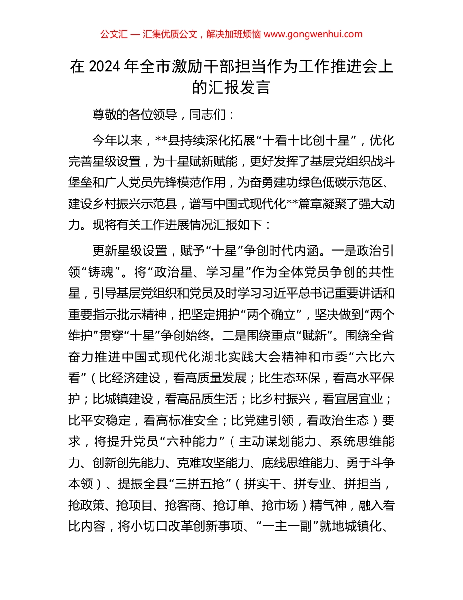 在2024年全市激励干部担当作为工作推进会上的汇报发言.docx_第1页