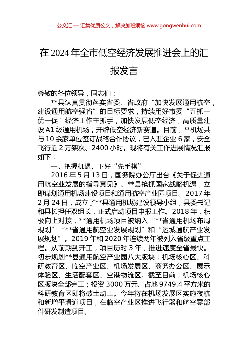 在2024年全市低空经济发展推进会上的汇报发言.docx_第1页