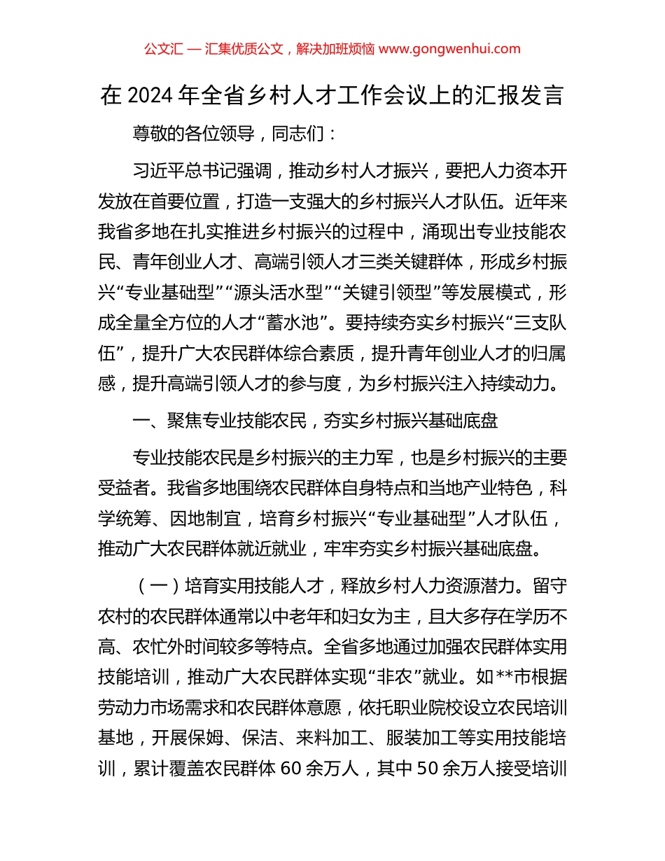 在2024年全省乡村人才工作会议上的汇报发言.docx_第1页