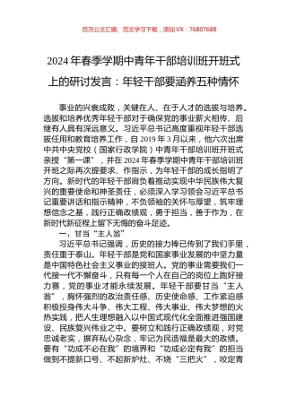 2024年春季学期中青年干部培训班开班式上的研讨发言：年轻干部要涵养五种情怀.docx