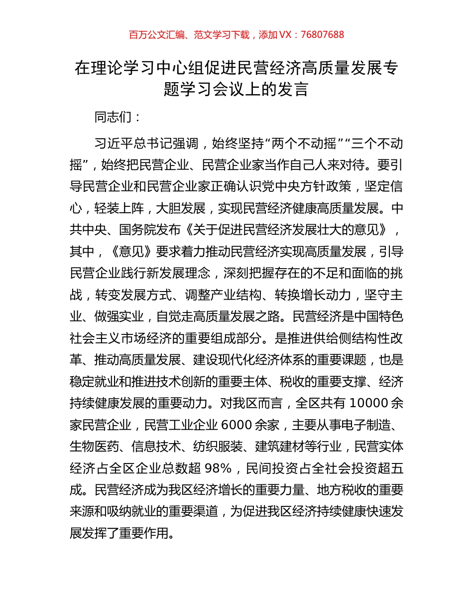 在理论学习中心组促进民营经济高质量发展专题学习会议上的发言.docx_第1页