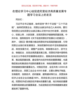 在理论学习中心组促进民营经济高质量发展专题学习会议上的发言.docx