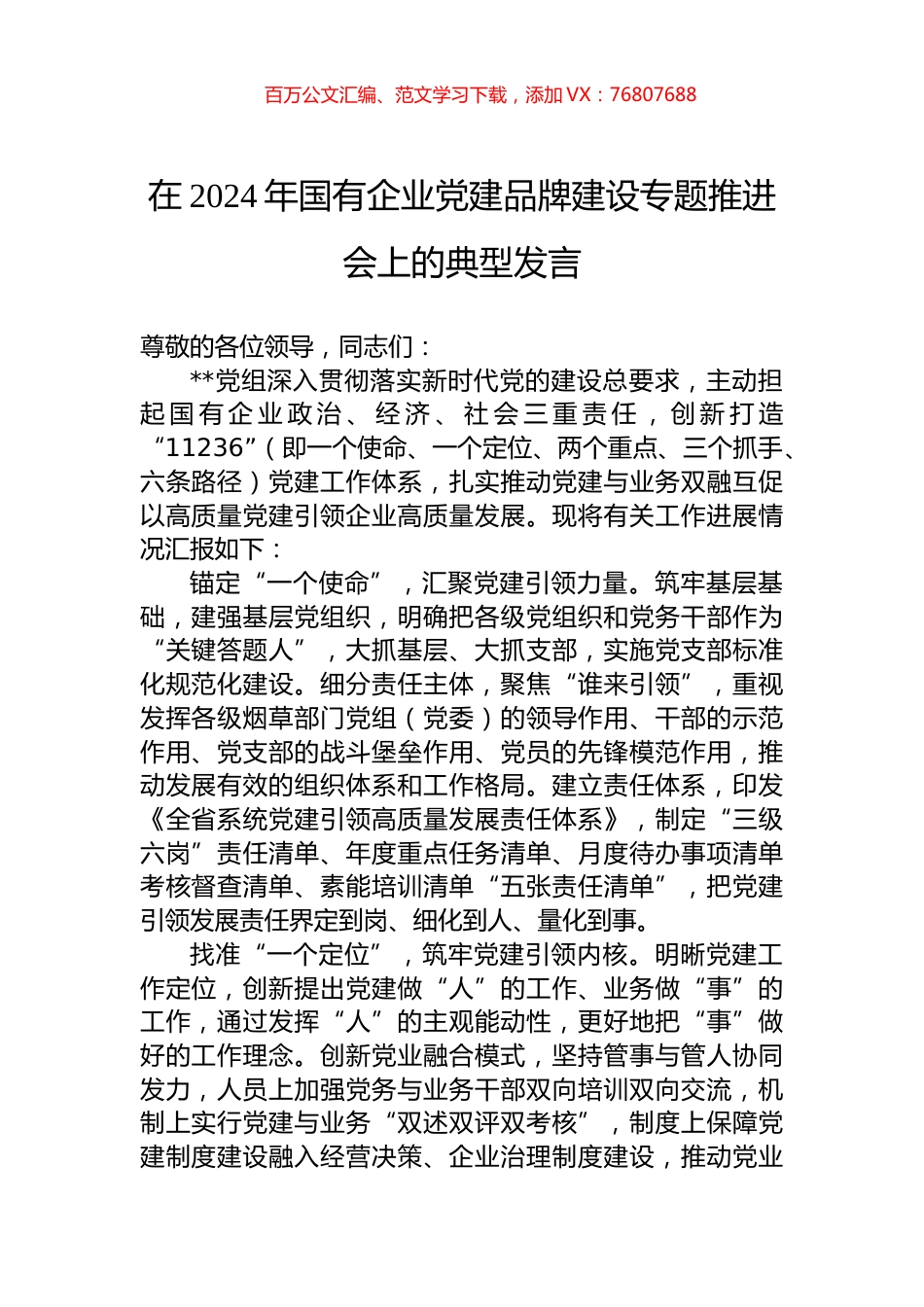 在2024年国有企业党建品牌建设专题推进会上的典型发言.docx_第1页