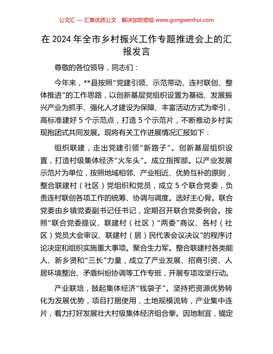 在2024年全市乡村振兴工作专题推进会上的汇报发言.docx_第1页