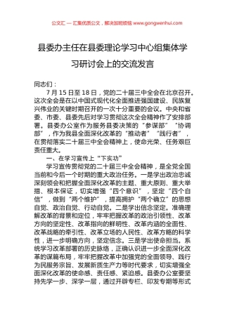 县委办主任在县委理论学习中心组集体学习研讨会上的交流发言.docx