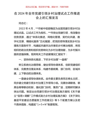 在2024年全市党建引领乡村治理试点工作推进会上的汇报发言.docx