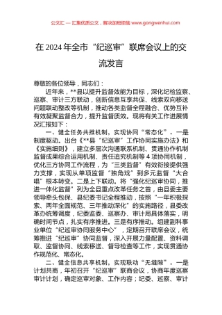 在2024年全市“纪巡审”联席会议上的交流发言.docx