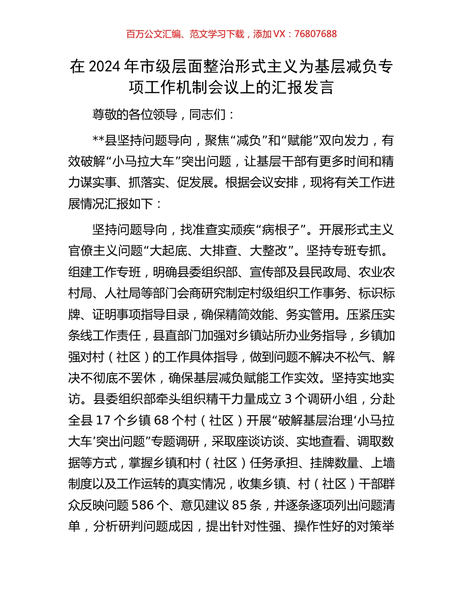 在2024年市级层面整治形式主义为基层减负专项工作机制会议上的汇报发言.docx_第1页