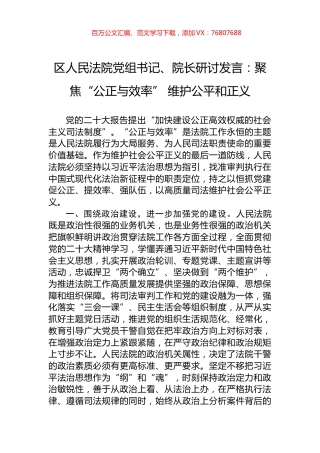 区人民法院党组书记、院长研讨发言：聚焦“公正与效率”+维护公平和正义.docx