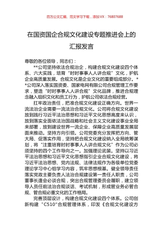 在国资国企合规文化建设专题推进会上的汇报发言.docx