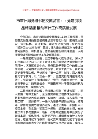 市审计局党组书记交流发言：：党建引领+品牌聚能+推动审计工作高质量发展.docx