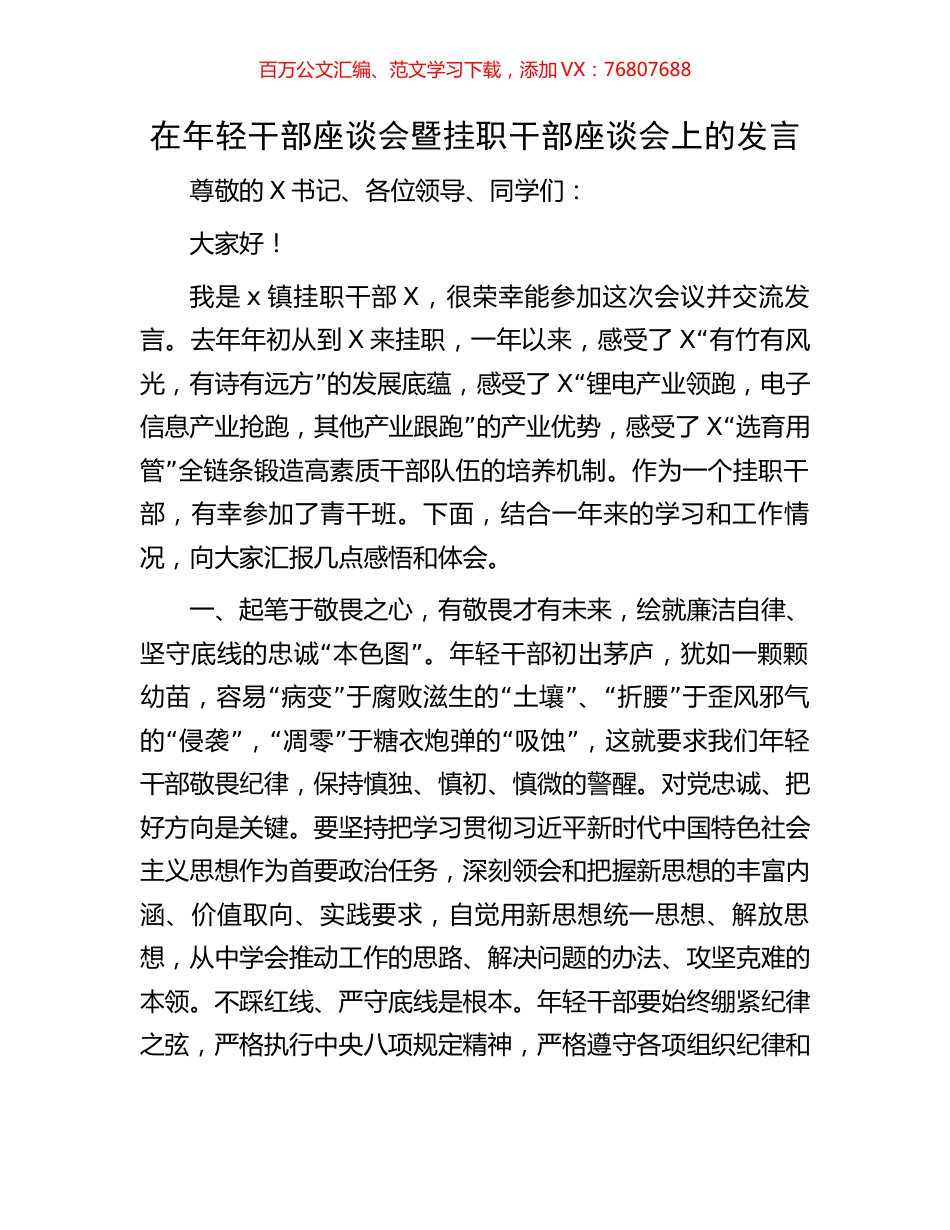 在年轻干部座谈会暨挂职干部座谈会上的发言.docx_第1页