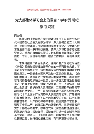 党支部集体学习会上的发言：学条例+明纪律+守规矩.docx