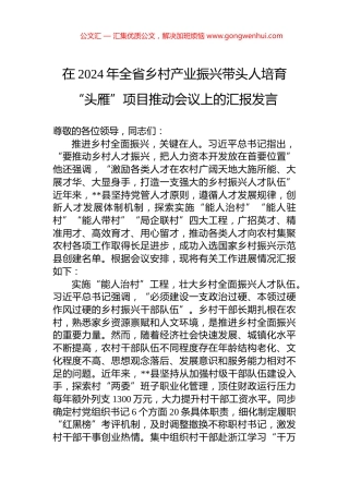 在2024年全省乡村产业振兴带头人培育“头雁”项目推动会议上的汇报发言.docx