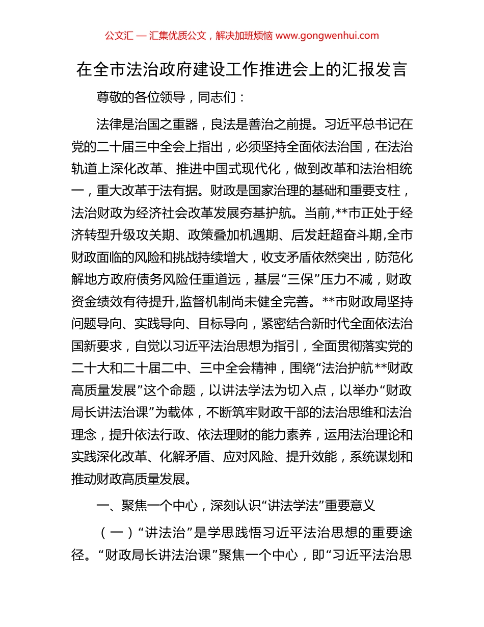 在全市法治政府建设工作推进会上的汇报发言.docx_第1页