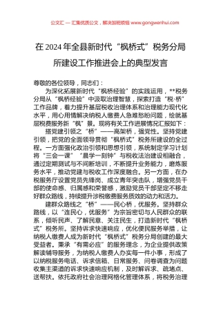在2024年全县新时代“枫桥式”税务分局所建设工作推进会上的典型发言.docx