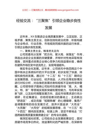 经验交流：“三聚焦”引领企业稳步良性发展.docx