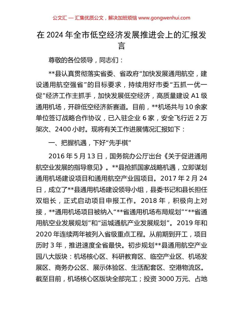 在2024年全市低空经济发展推进会上的汇报发言 (2).docx_第1页