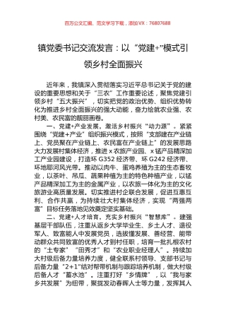镇党委书记交流发言：以“党建+”模式引领乡村全面振兴.docx