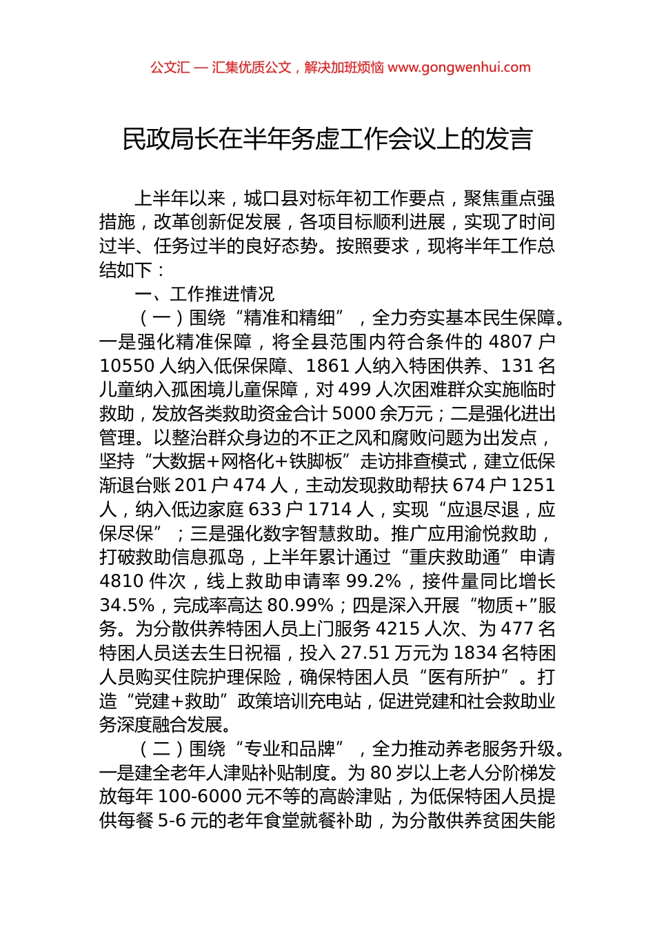 民政局长在半年务虚工作会议上的发言.docx_第1页