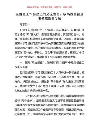 在督查工作会议上的交流发言：以高质量督查服务高质量发展.docx