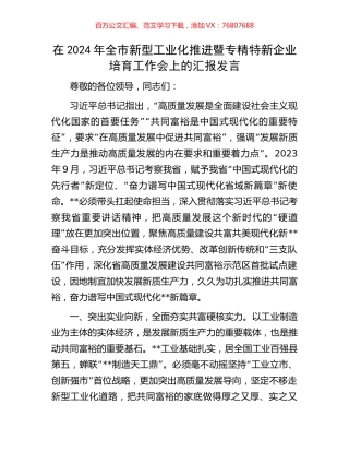 在2024年全市新型工业化推进暨专精特新企业培育工作会上的汇报发言.docx