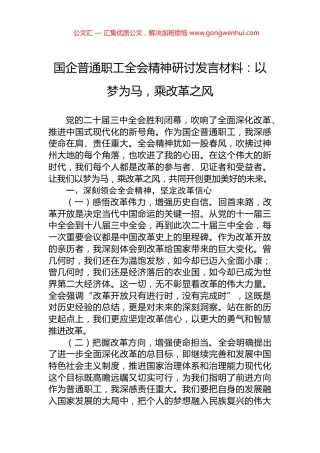 国企普通职工全会精神研讨发言材料：以梦为马，乘改革之风.docx