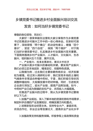 乡镇党委书记推进乡村全面振兴培训交流发言：如何当好乡镇党委书记.docx