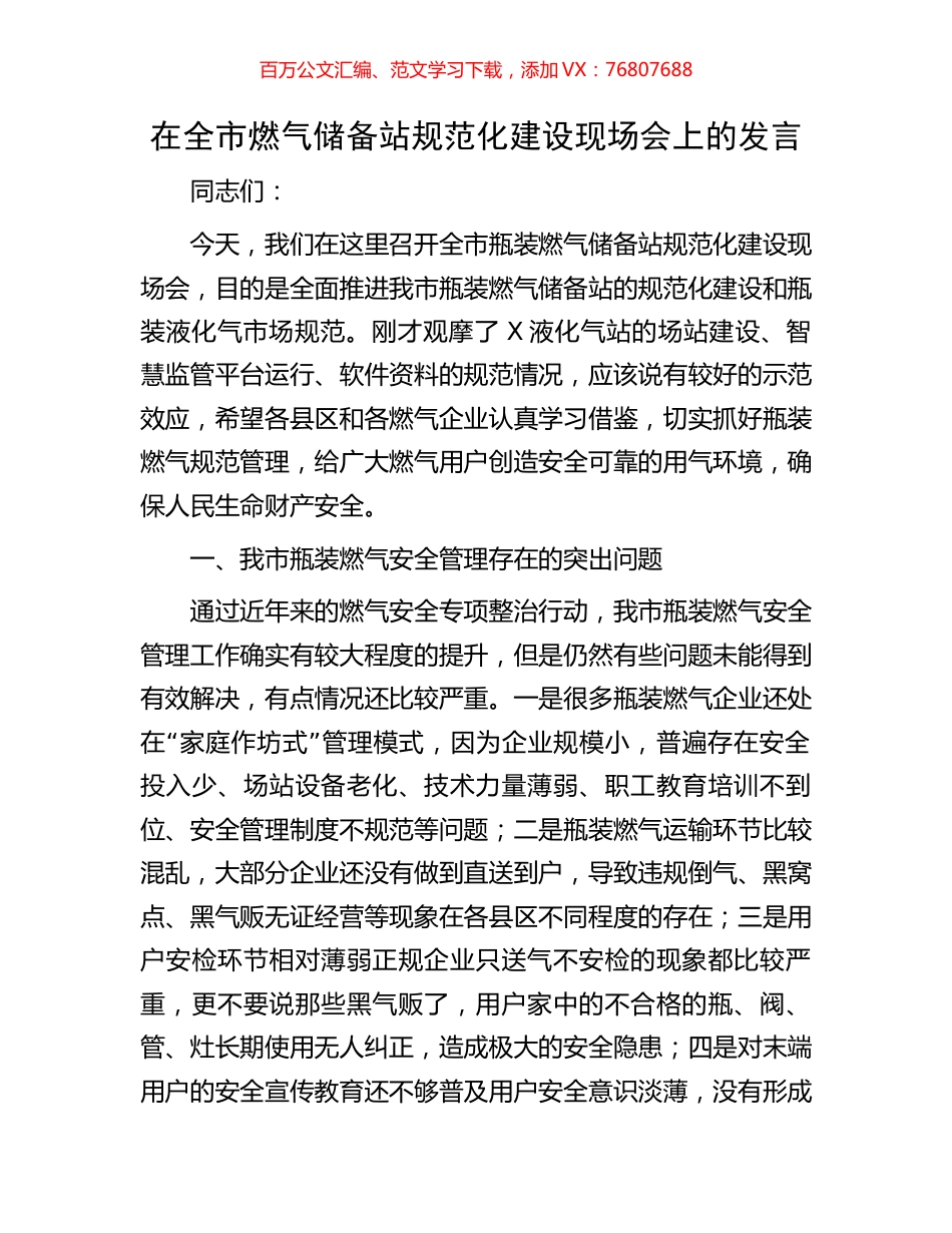 在全市燃气储备站规范化建设现场会上的发言.docx_第1页
