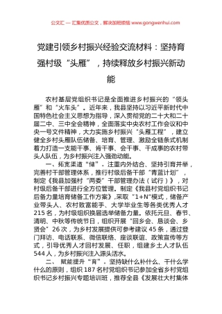 党建引领乡村振兴经验交流材料：坚持育强村级“头雁”，持续释放乡村振兴新动能.docx