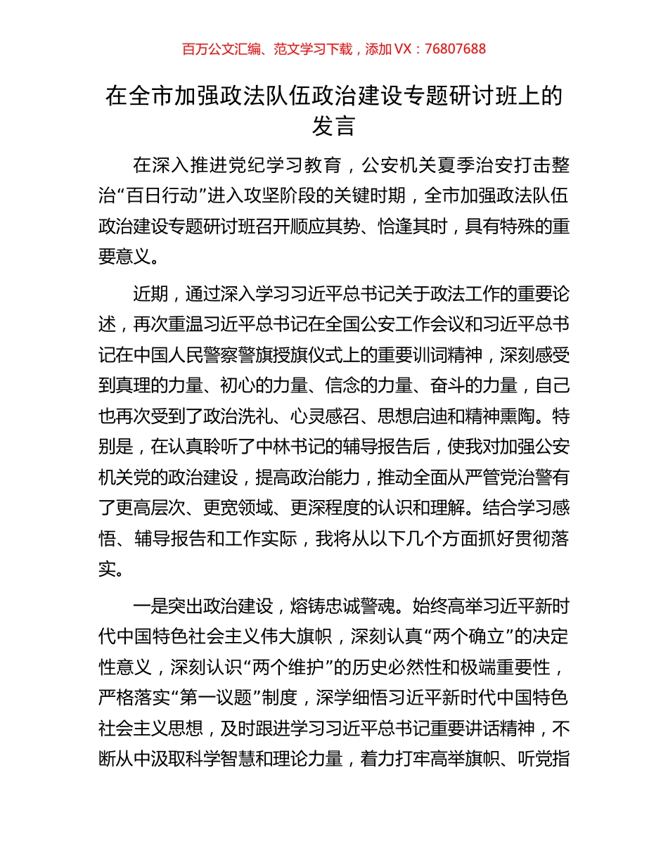 在全市加强政法队伍政治建设专题研讨班上的发言.docx_第1页