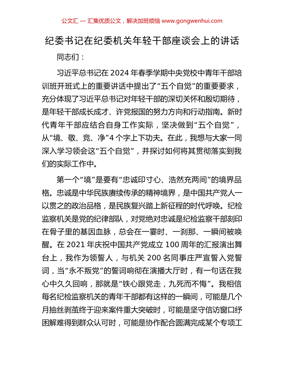 纪委书记在纪委机关年轻干部座谈会上的讲话.docx_第1页