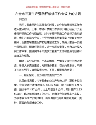 在全市三夏生产暨秸秆禁烧工作会议上的讲话.docx