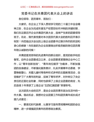 党委书记在共青团代表大会上的讲话.docx