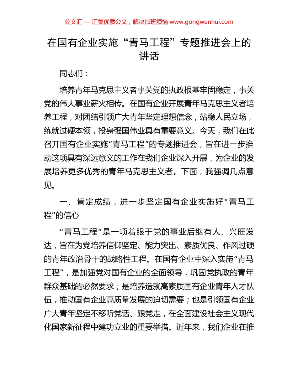 在国有企业实施“青马工程”专题推进会上的讲话.docx_第1页