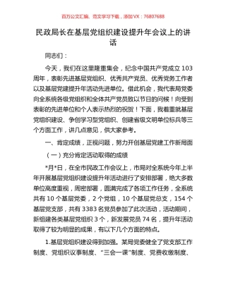 民政局长在基层党组织建设提升年会议上的讲话.docx