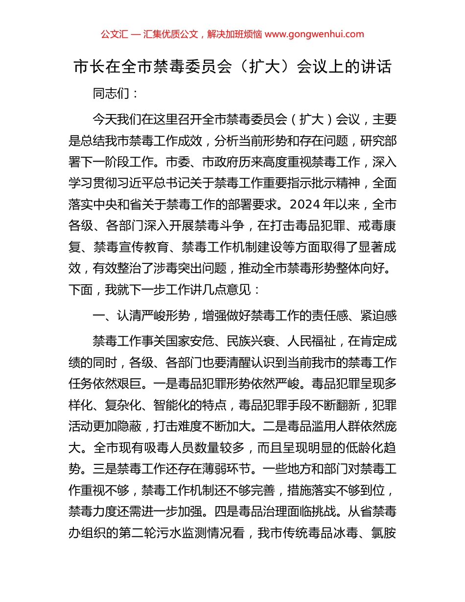 市长在全市禁毒委员会（扩大）会议上的讲话.docx_第1页