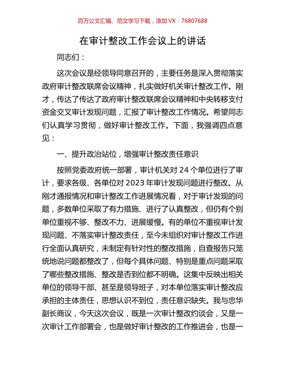 在审计整改工作会议上的讲话.docx_第1页