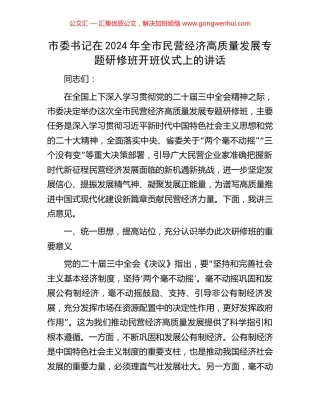 市委书记在2024年全市民营经济高质量发展专题研修班开班仪式上的讲话.docx