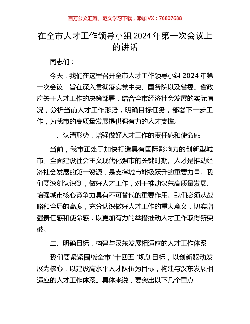 在全市人才工作领导小组2024年第一次会议上的讲话.docx_第1页