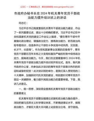 市政府办秘书长在2024年机关青年党员干部政治能力提升培训班上的讲话.docx