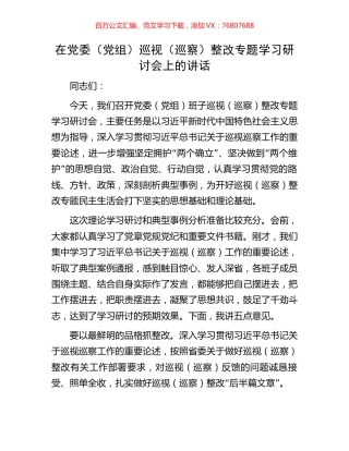 在党委（党组）巡视（巡察）整改专题学习研讨会上的讲话.docx
