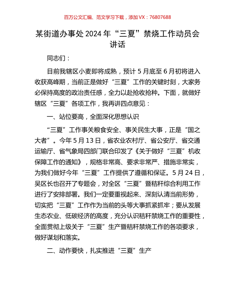 某街道办事处2024年“三夏”禁烧工作动员会讲话.docx_第1页