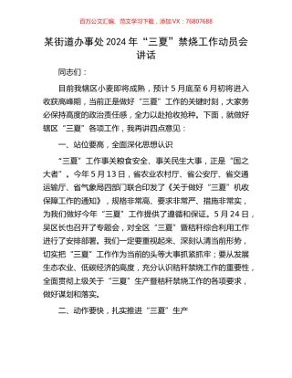某街道办事处2024年“三夏”禁烧工作动员会讲话.docx