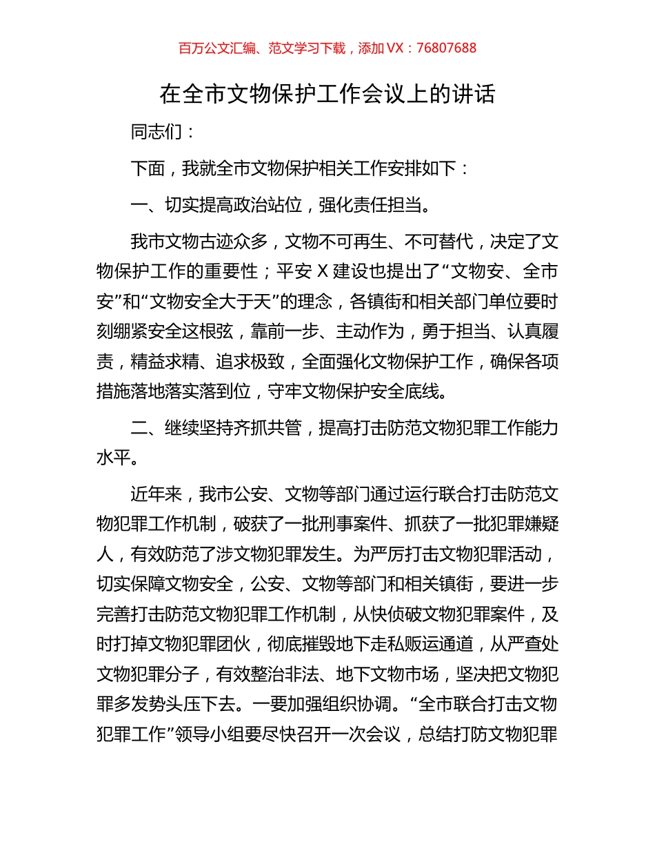 在全市文物保护工作会议上的讲话.docx_第1页