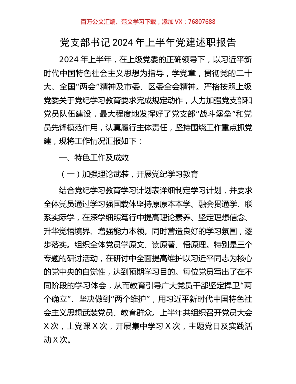 党支部书记2024年上半年党建述职报告.docx_第1页