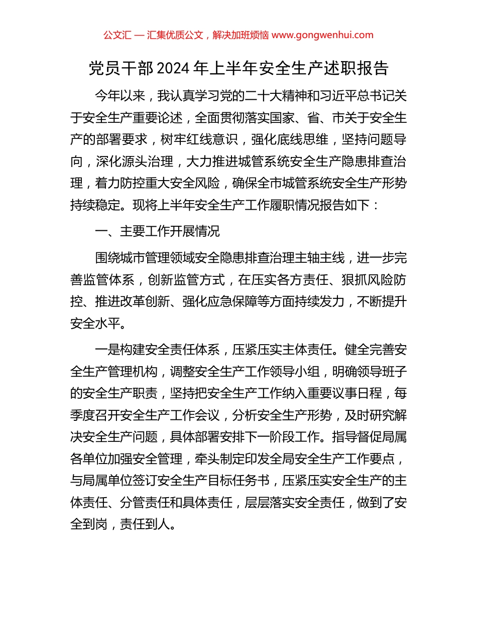 党员干部2024年上半年安全生产述职报告.docx_第1页