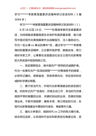 考察青海重要讲话精神研讨发言材料汇编（5篇）.docx