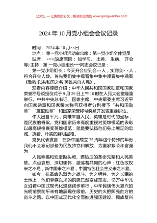 2024年10月党小组会会议记录
